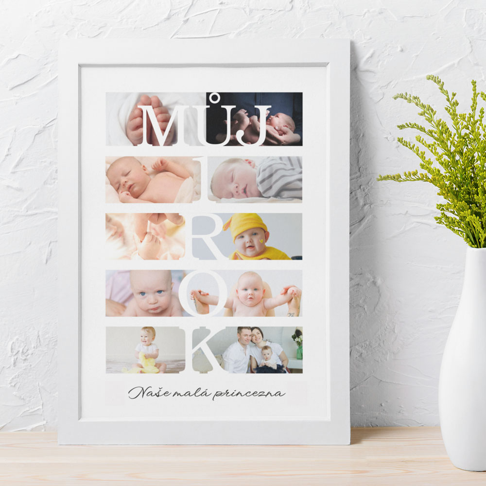 Obraz na zeď - Koláž můj první rok (vlastní fotografie a text)