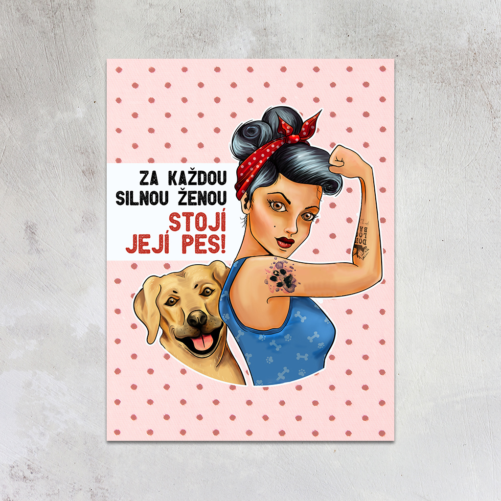 Plechová destička Silna žena se psem