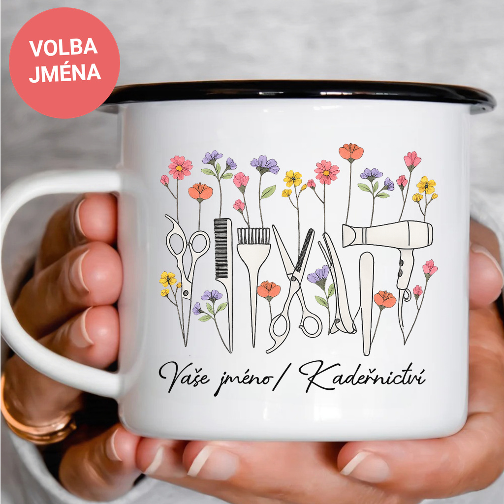 Smaltovaný plecháček - Kadeřnické květy (jméno na přání)