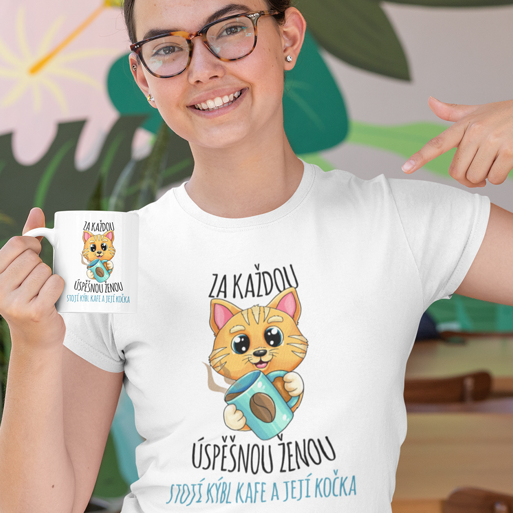 Dámské tričko Úspěšná žena kočička  + hrneček zdarma