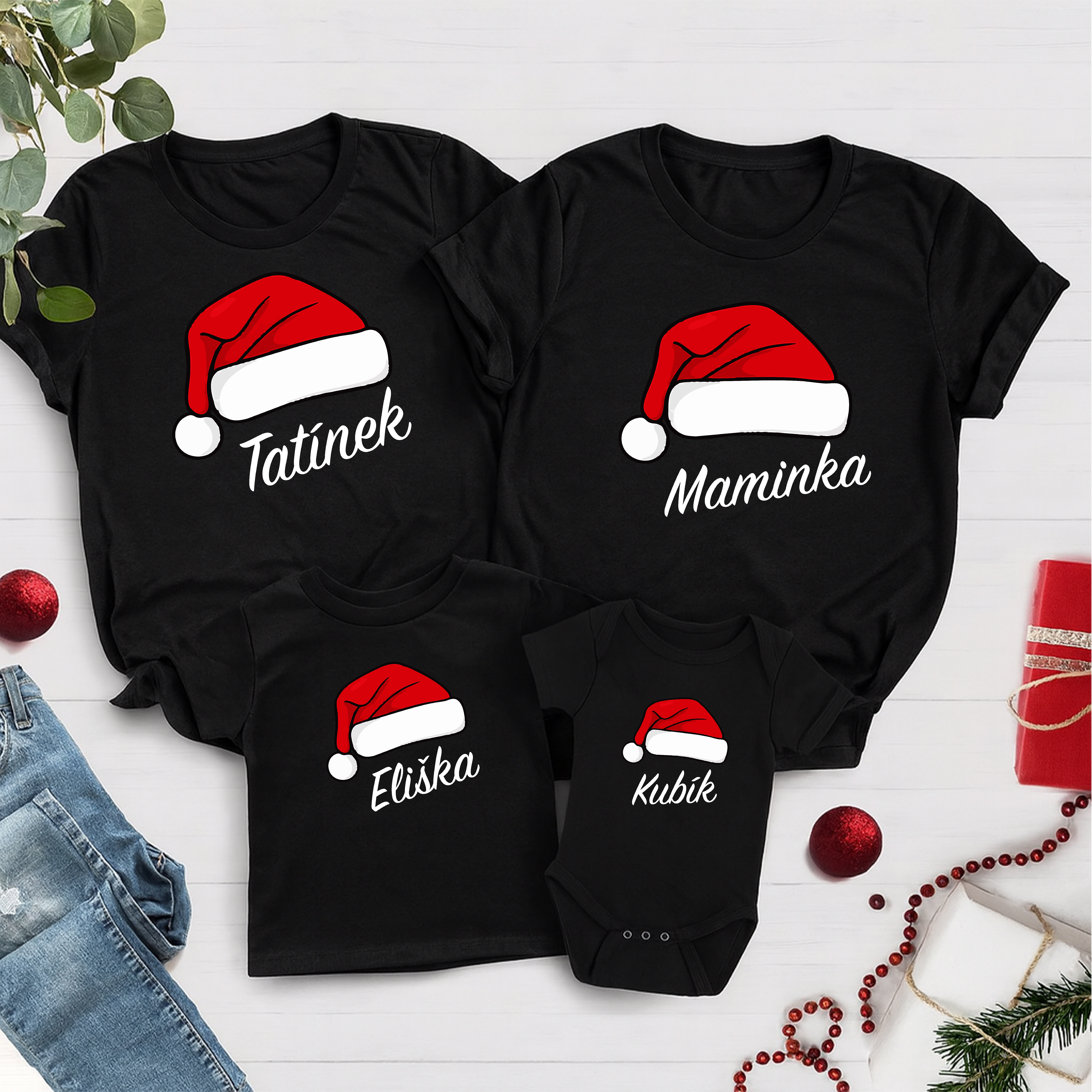 Set vánočních triček - Santova čepice s vlastním jménem