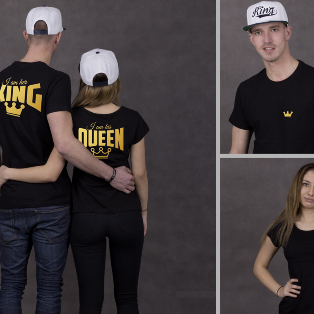 Párová trička Her king & his queen, ZLATÝ potisk vzadu i v předu (cena za obě trika)