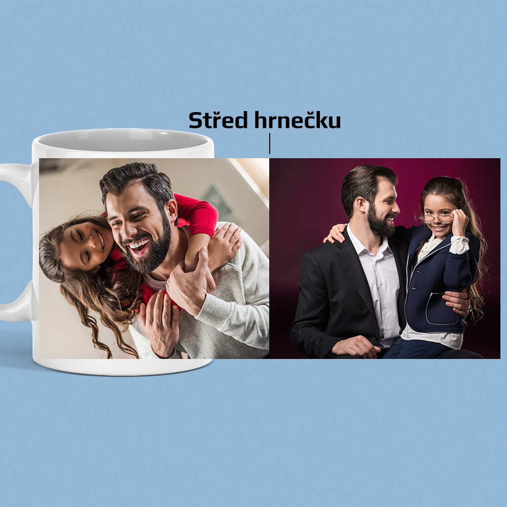 Hrnek s celoplošným potiskem - dvě fotografie vedle sebe