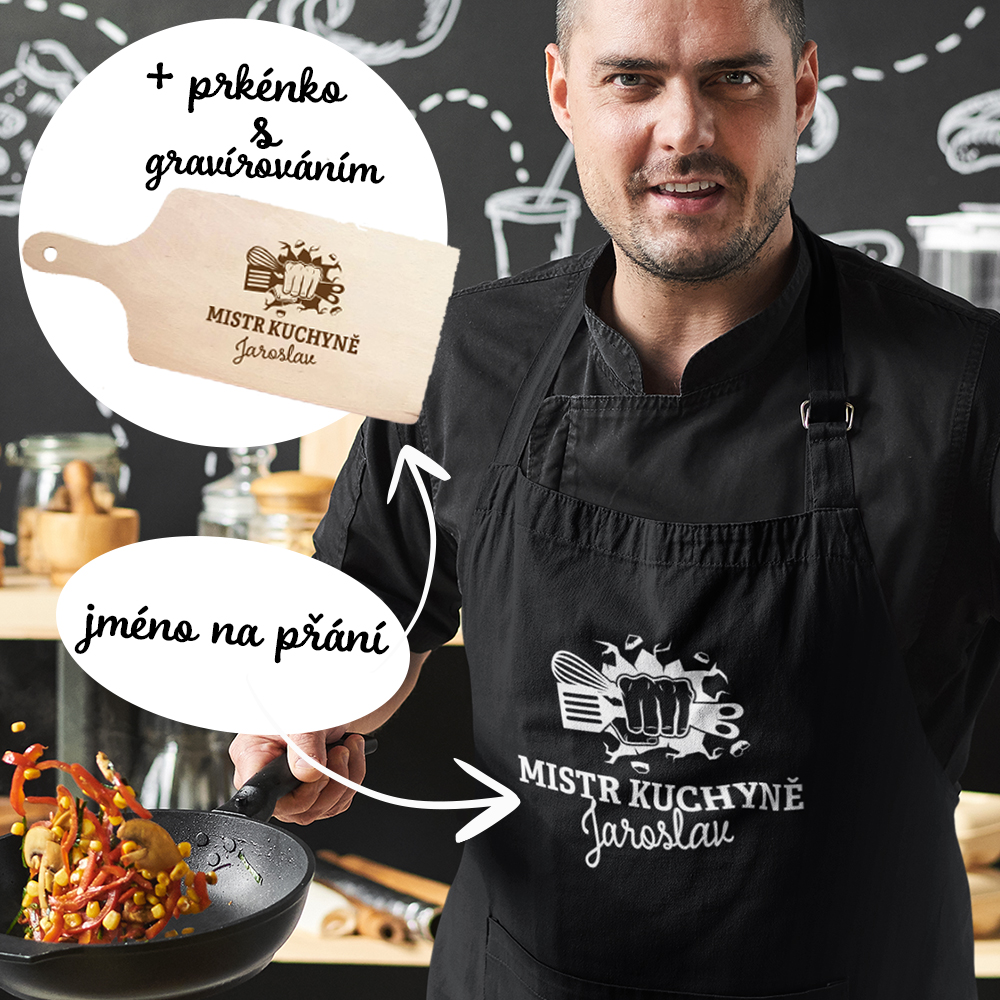 Zástěra Mistr kuchyně + prkénko (jméno na přání)