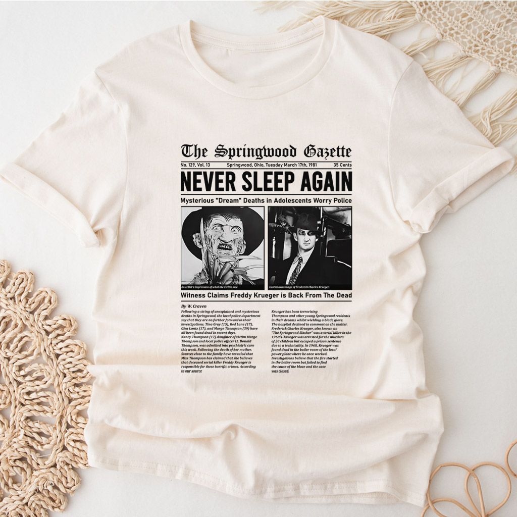 Tričko - Freddy Krueger „Never Sleep Again“ (novinový design)